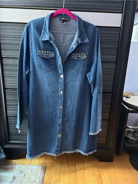 Maggie Tang Dark Blue Denim Mini Shirt Dress with Studded Pockets